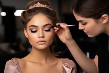 Makeup artist applying makeup and eyeshadow to a model