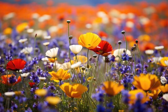 Wildflower Poppies in a Mountain Meadow on a bright warm summer day, Stunning Scenic World Landscape Wallpaper Backgroundd