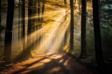 A tranquil forest pathway with rays of sunlight filtering through the trees in autumn, Stunning Scenic World Landscape Wallpaper Background