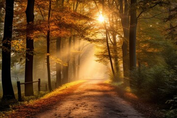 A tranquil forest pathway with rays of sunlight filtering through the trees in autumn, Stunning Scenic World Landscape Wallpaper Background
