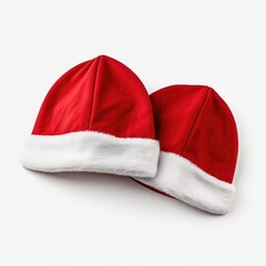 A pair of red and white santa hats on a white surface. Digital image.