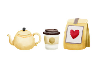 Set of Watercolor Cafe Elements Vector