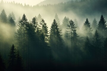  a dense fog covering a tranquil forest backlit from the sun, Stunning Scenic World Landscape Wallpaper Background