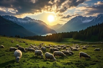 a peaceful meadow with grazing sheep and animals in Wales or Ireland , Stunning Scenic World Landscape Wallpaper Background