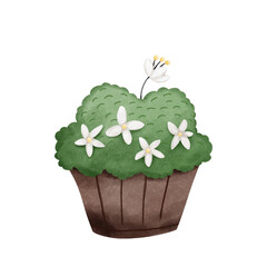 Watercolor Spring Green Flowers Pot Drawing Vector