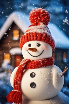A close up of a snowman wearing a hat and scarf. Digital image.