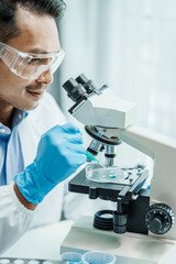 Asian male scientists white coat conducting research investigations medical laboratory, lab...