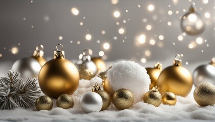 Festive white and gold Christmas ornaments - winter holiday wallpaper, baubles, empty glass snowball, isolated on white background