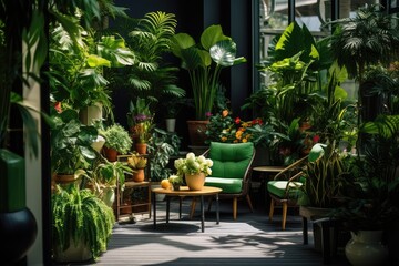 Fototapeta na wymiar Lots of beautiful green lush indoor plants on the terrace