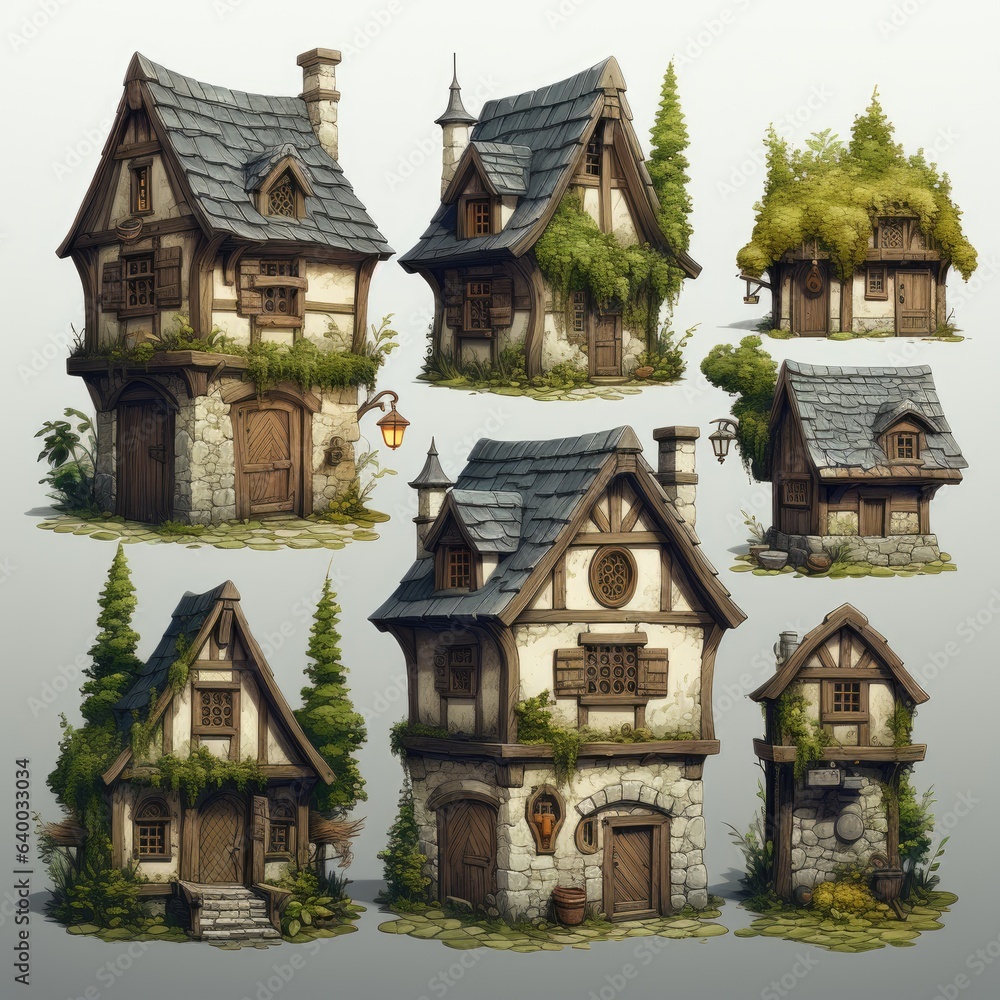 Poster a set of small houses that are next to each other. digital image.