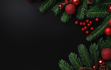 Obraz na płótnie Canvas A black background with christmas decorations and pine cones. Digital image.