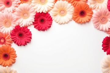 A white background with many different colored flowers. Digital image.
