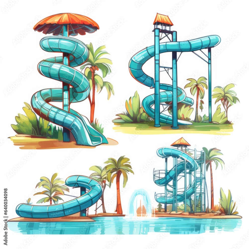 Poster a set of water slides in different stages of development. digital image.