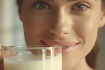 Woman holding glass of milk in front of her face. This picture can be used to depict concepts such as health, nutrition, dairy products, and wellness.