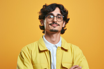 Fototapeta premium Man wearing yellow jacket and glasses is posing for picture. This image can be used for various purposes.