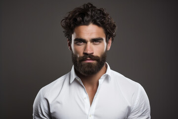 Obraz premium Picture of man with beard wearing white shirt. This image can be used for various purposes.