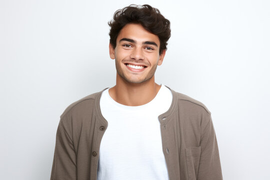 Picture of man with curly hair, wearing sweater and white shirt, and smiling. This image can be used to portray friendly and approachable individual. Suitable for various projects and designs.