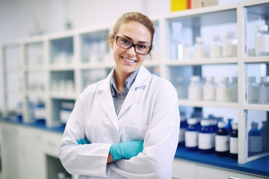 Woman wearing lab coat smiles for camera. This image can be used to represent scientific research, medical professions, or laboratory work.