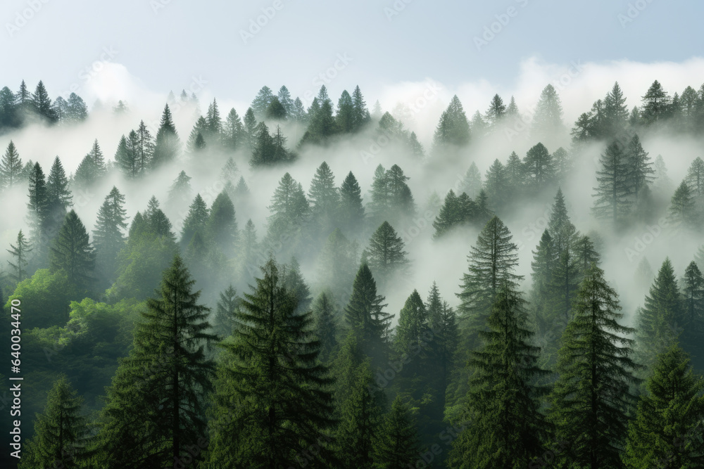Poster group of trees standing in fog. this image captures mysterious and ethereal atmosphere of foggy fore