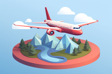 Naklejka premium Airplane is seen soaring above scenic mountain and river. This image captures beauty of nature and freedom of flight. Perfect for travel and adventure-related projects.