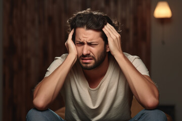 Man sitting on bed, feeling overwhelmed and stressed. Can be used to depict emotions such as frustration, anxiety, or exhaustion. It is suitable for various concepts related to mental health.