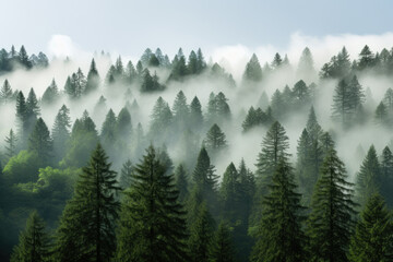Group of trees standing in fog. This image captures mysterious and ethereal atmosphere of foggy forest. Perfect for adding touch of enchantment to your projects.