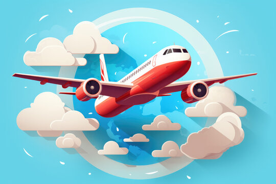 Image of red and white airplane soaring through clear blue sky. This picture can be used to depict travel, aviation, adventure, or freedom.