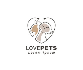 Vector Love Pet Shop logo design template. Modern animal icon label for store, veterinary clinic, hospital, shelter, business services. Flat illustration