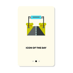Highway leading forward under road sign vector icon. Asphalt road surface with no speed limits vector illustration. Roadway, transportation and construction concept for web design and apps