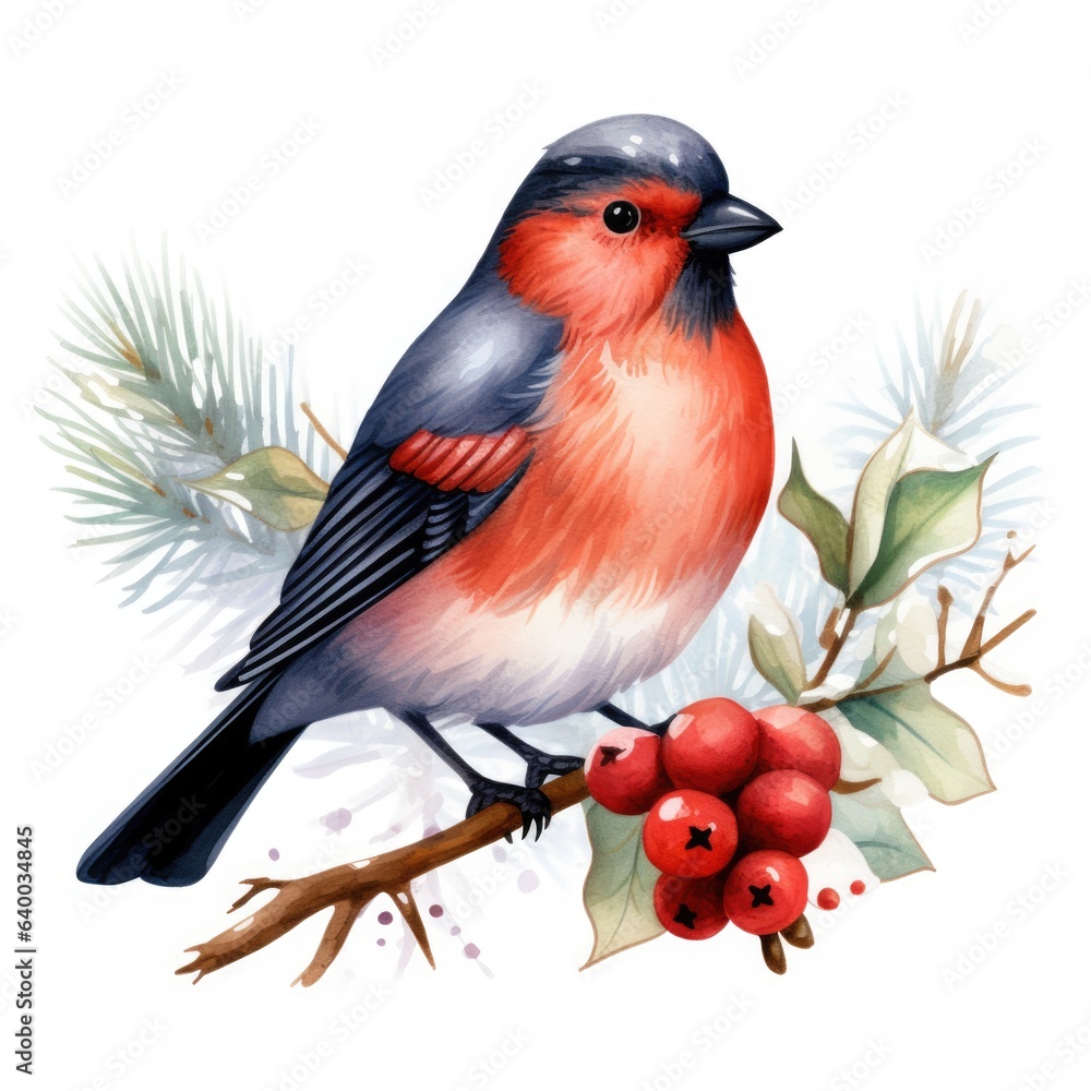 Poster A bird is sitting on a branch with berries. Digital image.