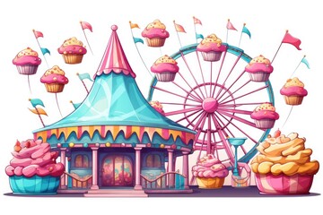 Fototapeta na wymiar A carnival with cupcakes and a ferris. Digital image.