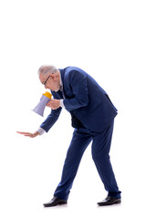 Fototapeta premium Old businessman holding megaphone isolated on white