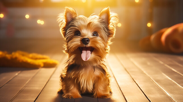 cute little baby yorkshire terrier puppy smiling in the backyard with sunstreaks. 3D render cartoon character. Digital illustration generative AI.