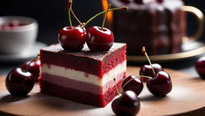 Closeup Cherry Layer Cake With Cherry on Top Cake on Wood Pla - obrazy, fototapety, plakaty