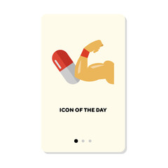 Arm muscle and supplements flat vector icon. Cartoon drawing of fitness pills for athletes isolated vector illustration. Sport, bodybuilding and health concept for web design and apps