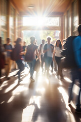 Large Group of Students Walking to Class in a University or College Campus Environment, Motion Blurred Crowd Moving, Generative AI