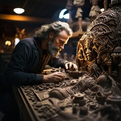 a man working on a sculpture in a workshop - obrazy, fototapety, plakaty