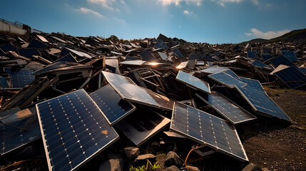 Old Trashed Solar Panels Piled Up in a Landfill or Scrap Yard, Difficult to Recycle, Generative AI