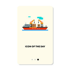 Ships with cranes and cargo containers flat icon. Vertical sign or vector illustration of cargo, industry or port element. Shipment, logistics, delivery, economy for web design and apps