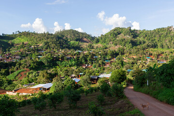 Village on the hill in North Thailand near Pai town. Beautiful Thai rural landscape.