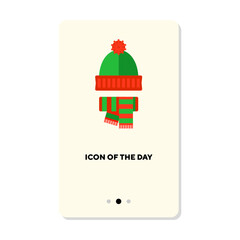 Knitted winter hat and scarf for women or kids flat icon. Vertical sign or vector illustration of female headdress and accessory for winter element. Headwear, fashion, winter for web design and apps