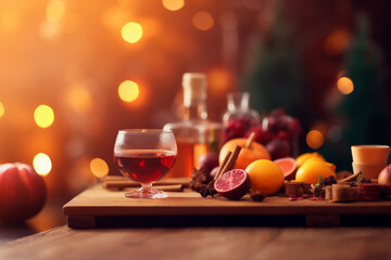 Naklejka na ściany i meble Wooden tray with Mulled wine ingredients on the wooden table. Generative AI