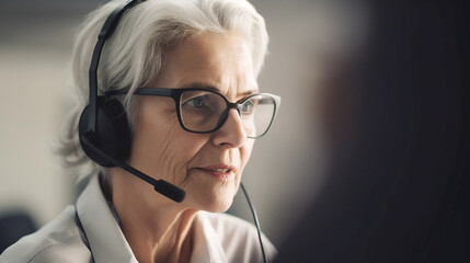 Senior woman working in a call-center, copy space. Generative AI
