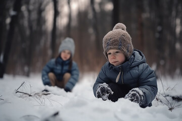 Fototapeta na wymiar Little kids playing in a snowy forest, wintertime. Generative AI