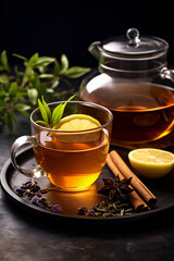 cup of tea and teapot with cinnamon and lemon