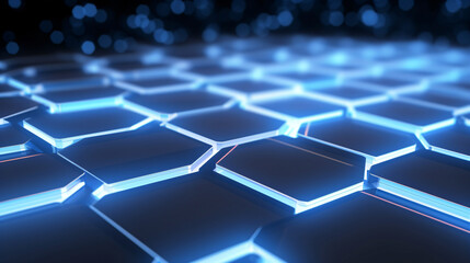 abstract background with glowing hexagons in blue light