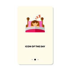Girl sleeping in bed during nighttime flat icon. Vertical sign or vector illustration of comfortable sleep element. Nighttime, bedtime, sleeping, rest for web design and apps