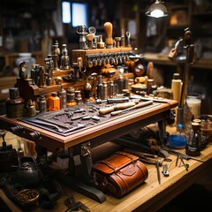 a work bench with a variety of tools on it