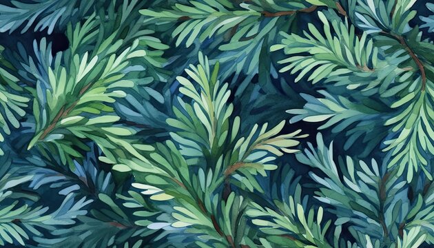 Seamless pattern watercolor macro yew or juniper branches densely packed.