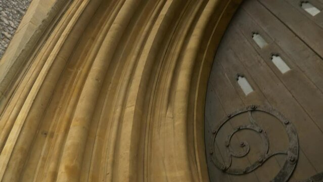 English Medieval Church Polymer Concrete Wooden Doorway Archway Close Up